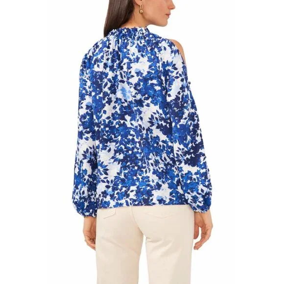 🆑Vince Camuto Long Sleeve Open Shoulder Layard Leaves Halter Blouse Small - Picture 2 of 12